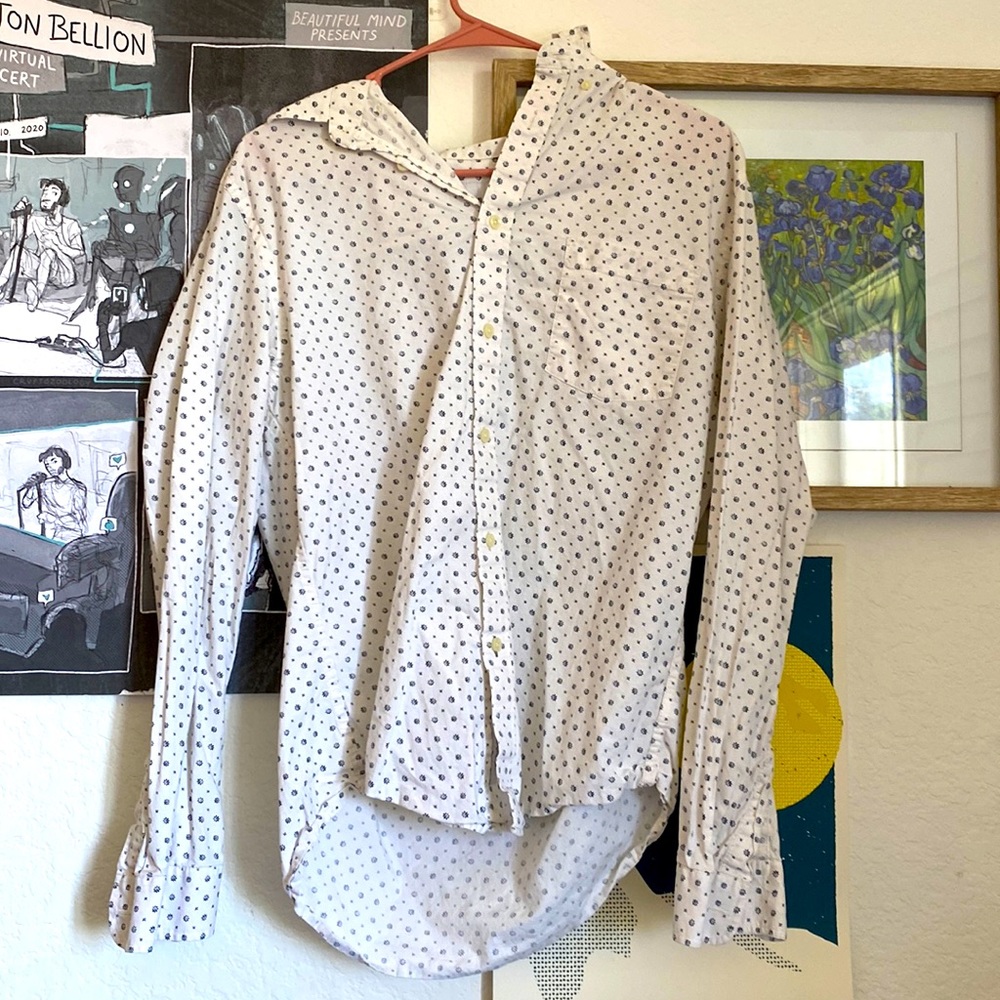 White Shirt With Small Black Flower/Snowflake  Pattern. Good For Christmas Date!